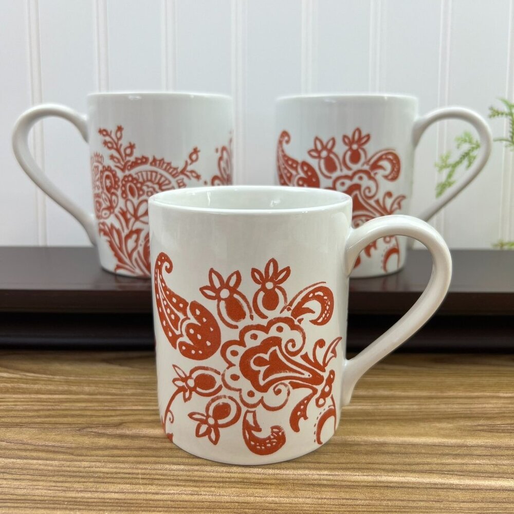 Corelle Coordinates Set of 3 Red Paisley Coffee Mugs Stoneware